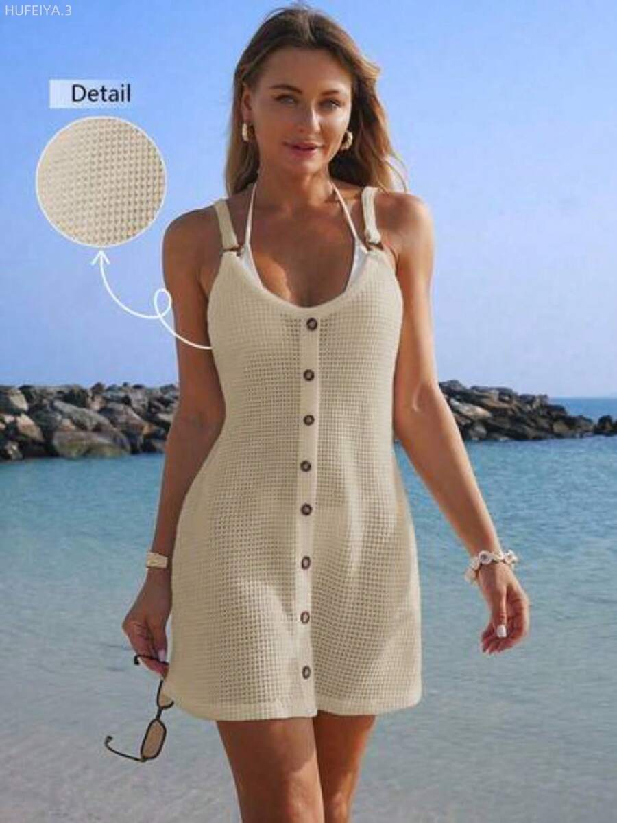 Yunuo Menswear Vestido de cubrición blanco con botones decorativos, de tela texturizada con alto estiramiento, sin mangas, para vacaciones de verano - Albaricoque - Ver 1