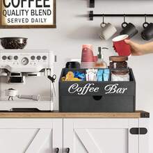 Coffee Bar Organizer With Drawer, Capsule Holder, And Storage Baskets A Countertop Coffee Station Organizer That Serves As A Storage Solution For Both Coffee Capsules And Tea Bags, Featuring A Rustic-Style Design Perfect For Bar Counter Decor. - View 4