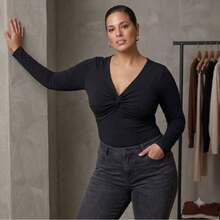 Wrap Bodysuit With Front Detail, Deep Neckline, Long Sleeves - Black - View 2