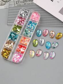 12-Grid Dreamy Iridescent Star & Heart Nail Glitter, Aurora Random Mix Heart, Star, Hexagon Nail Glitter, Laser Holographic Dopamine Nail Art Decor, Wedding Nail Supplies Nail Charms - Multicolor - View 6