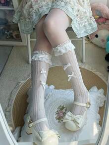 1 Pair Girls Spring/Summer Thin Lace Trim Multi-Bow Lolita JK Sweet Fishnet Socks - Multicolor - View 4