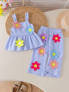 2pcs Baby Girls Cute Colorful Floral Decor Spaghetti Strap Ruffle Hem Top And Matching Elastic Waist Wide Leg Pants Set, Summer - Blue and White - View 1