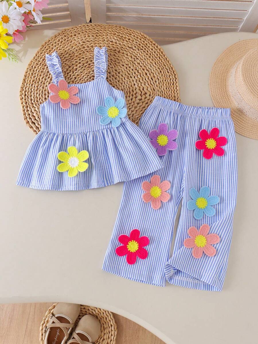 2pcs Baby Girls Cute Colorful Floral Decor Spaghetti Strap Ruffle Hem Top And Matching Elastic Waist Wide Leg Pants Set, Summer - Blue and White - View 1