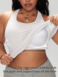 1pc Plus Size Slimming Racerback Tank Top With Built-In Fixed Padded Support 2-In-1 Bra-Free Design, High Elastic Ribbed Fabric, Curved Hem, Fitted Yoga Sports Outerwear Layering Tank Top For All Seasons - White - View 1