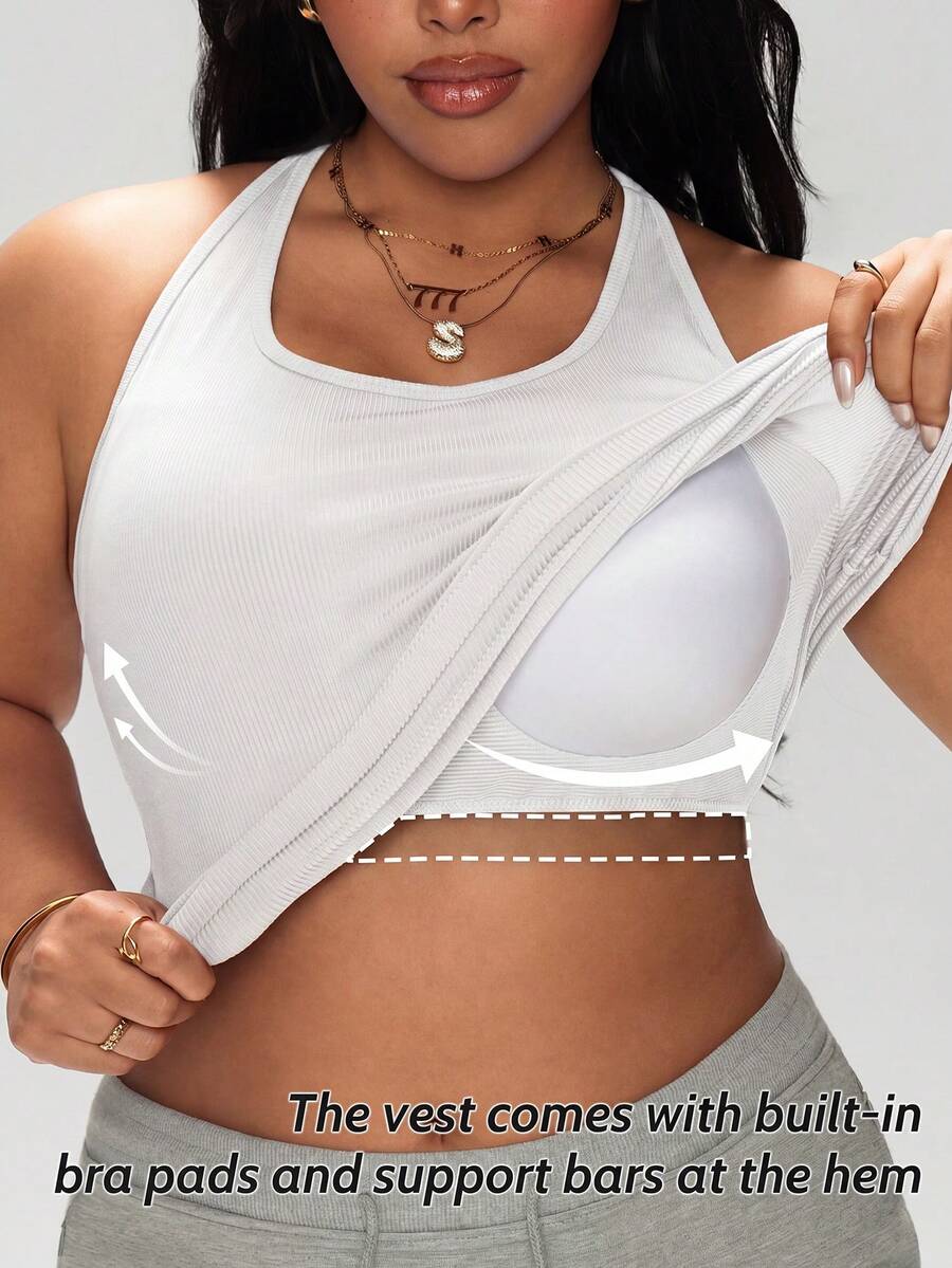1pc Plus Size Slimming Racerback Tank Top With Built-In Fixed Padded Support 2-In-1 Bra-Free Design, High Elastic Ribbed Fabric, Curved Hem, Fitted Yoga Sports Outerwear Layering Tank Top For All Seasons - White - View 1