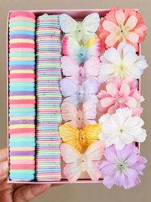 109pcs Girls Multi-Color Butterfly & Flower Hair Ties, Non-Damaging Hair Bands, Versatile Bangs & Back Head Hair Clips, Side Clips, Hair Accessories For Daily Use - Multicolor - View 1