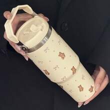1個甜美卡通熊蝴蝶結主題便攜吸管水杯，大容量長效冷熱保溫，柔和奶油白色底色配可愛熊印花，一鍵彈蓋防漏設計附可折疊手柄，適合校園、通勤、購物、露營及全方位使用，送給女孩和好友的溫馨氛圍創意禮物，附蓋與吸管水杯水壺便攜杯 - 彩色 - 查看 5