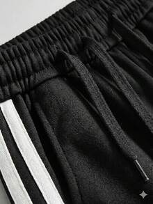 Men's Black Side Stripe Track Pants, Drawstring Waist, Soft Fabric, Relaxed Fit, Retro Sporty Look For Daily Wear, Outings & Casual Athletic Use - Black - View 3