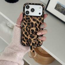 1pc Fashion Leopard Print PU Leather Ring Card Holder Wallet Phone Case Compatible With Apple 11 12 13 14 15Plus 16e 17Pro Max - Brown - View 2