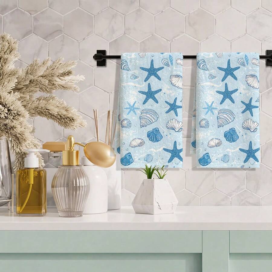 1pc/2pcs/4pcs Blue Starfish & Seashell Print Kitchen Towels, Ultra Soft, Quick-Drying & High Absorbency, Minimalist Ocean Style, Machine Washable, Hand Towels For Kitchen & Restaurant Decor - Multicolor - View 1