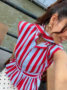 Spring/Summer Women's Elegant Red & Blue Striped Sleeveless Shirt With Bow Collar, Front Button-Down Cardigan, Ruffle Hem Blouse, Suitable For Office And Casual Wear - Red and Blue - View 9