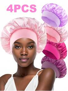 CONFLASS 4pcs/Set Women's Solid Color Wide Band Elastic Silky Satin Sleep Cap, Casual Comfortable Fashion Hair Care Sleep Cap - Multicolor - View 4