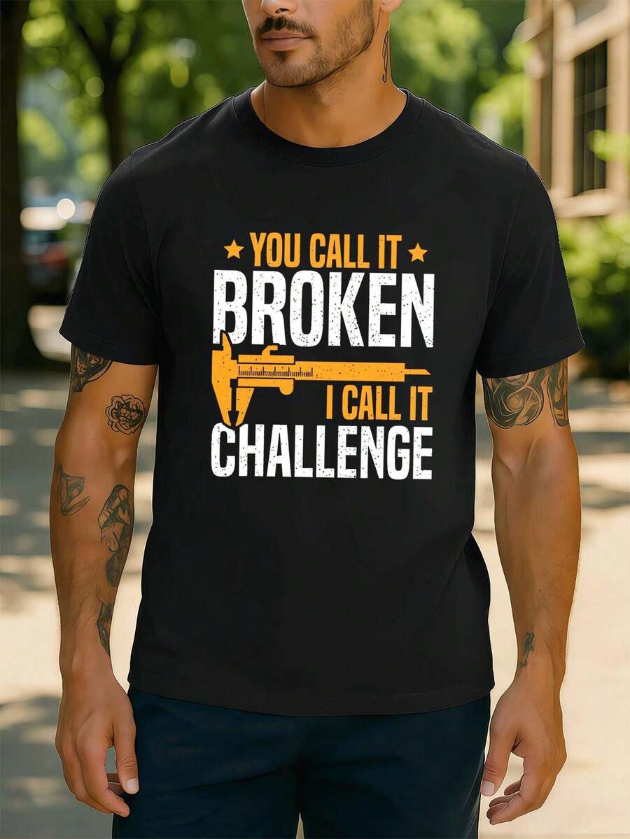 T-shirt graphique pour ho mme avec imprimé << Broken Challenge », tissu de qualité, col rond, coupe confortable, impression à fort impact. - Noir - Voir 1