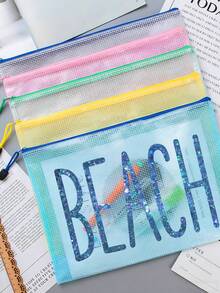 大容量防水收納袋，印有「BEACH」圖案，游泳袋，海灘主題，大容量透明化妝袋，輕便，春/夏收納，非常適合游泳、海灘、潛水和夏季假期，返校季，輕便防曬收納袋，適合朋友、家人、女朋友和同學。完美的生日、節日、派對、婚禮（伴娘）、母親節、教師節禮物，返校季 - 彩色 - 查看 5