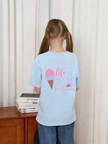Tween Girl Casual Fun Print Crew Neck Pullover Short Sleeve T-Shirt Summer Top - Baby Blue - View 3