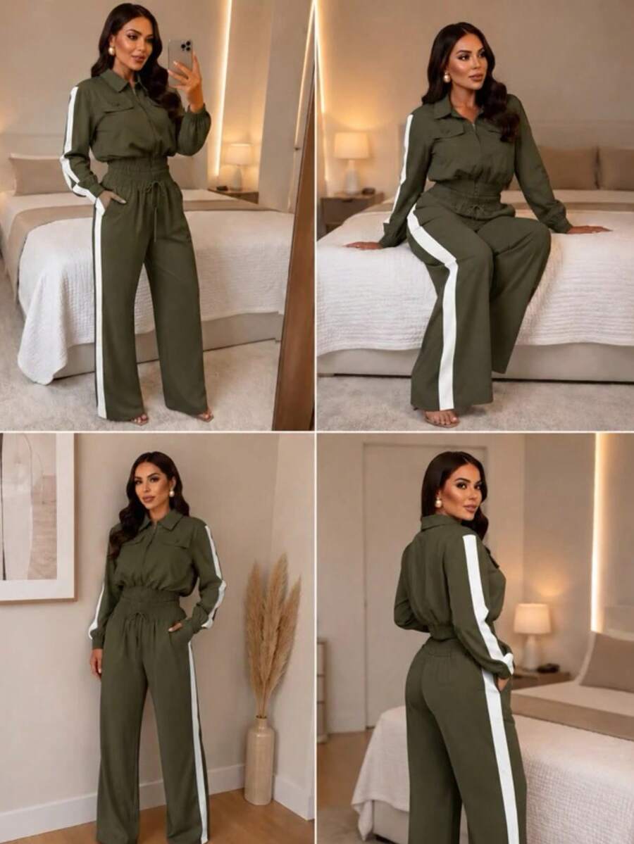 Women's Two-Piece Set: Long-Sleeved Jacket And Wide-Leg Pants - 軍綠色 - 查看 1
