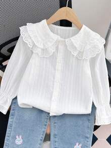 Young Girls Autumn New Korean Style Ruffle Collar Long Sleeve Blouse, White Shirt, Children's Top, New - White - View 1
