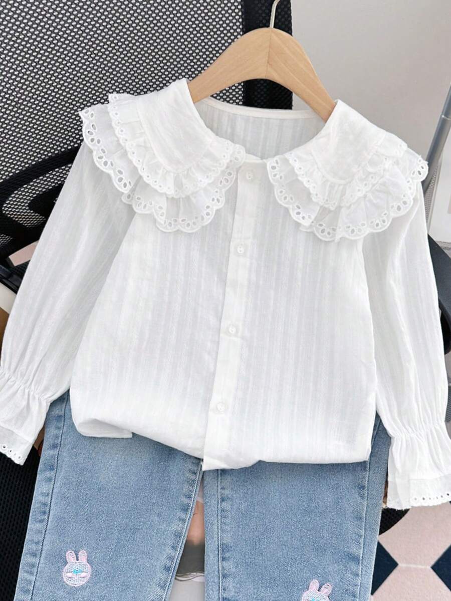 Young Girls Autumn New Korean Style Ruffle Collar Long Sleeve Blouse, White Shirt, Children's Top, New - White - View 1
