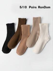 5/10 Pairs Women's Random Neutral Color Ribbed Cuff Minimalist Versatile Fashion Sports Breathable Comfortable Mid-Calf Socks - Multicolor - View 1