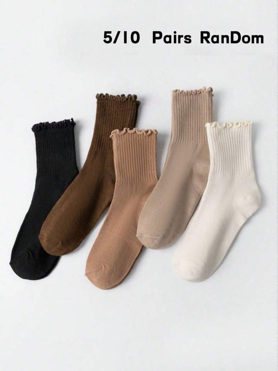 5/10 Pairs Women's Random Neutral Color Ribbed Cuff Minimalist Versatile Fashion Sports Breathable Comfortable Mid-Calf Socks - Multicolor - View 1