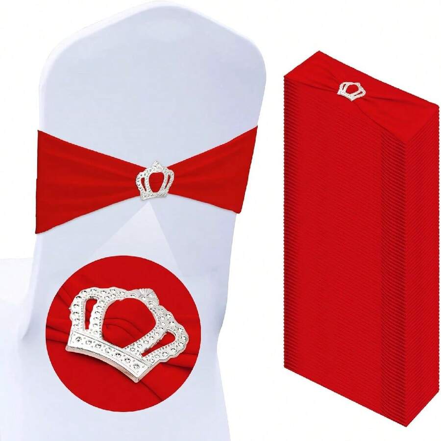 10pcs Spandex Chair Back Decorative Tie Straps, Elastic Chair Bands With Bows And Crown-Shaped Buckle Sliders, For Graduation Season, Prom, Wedding, Party, Banquet Decoration - Red - View 1