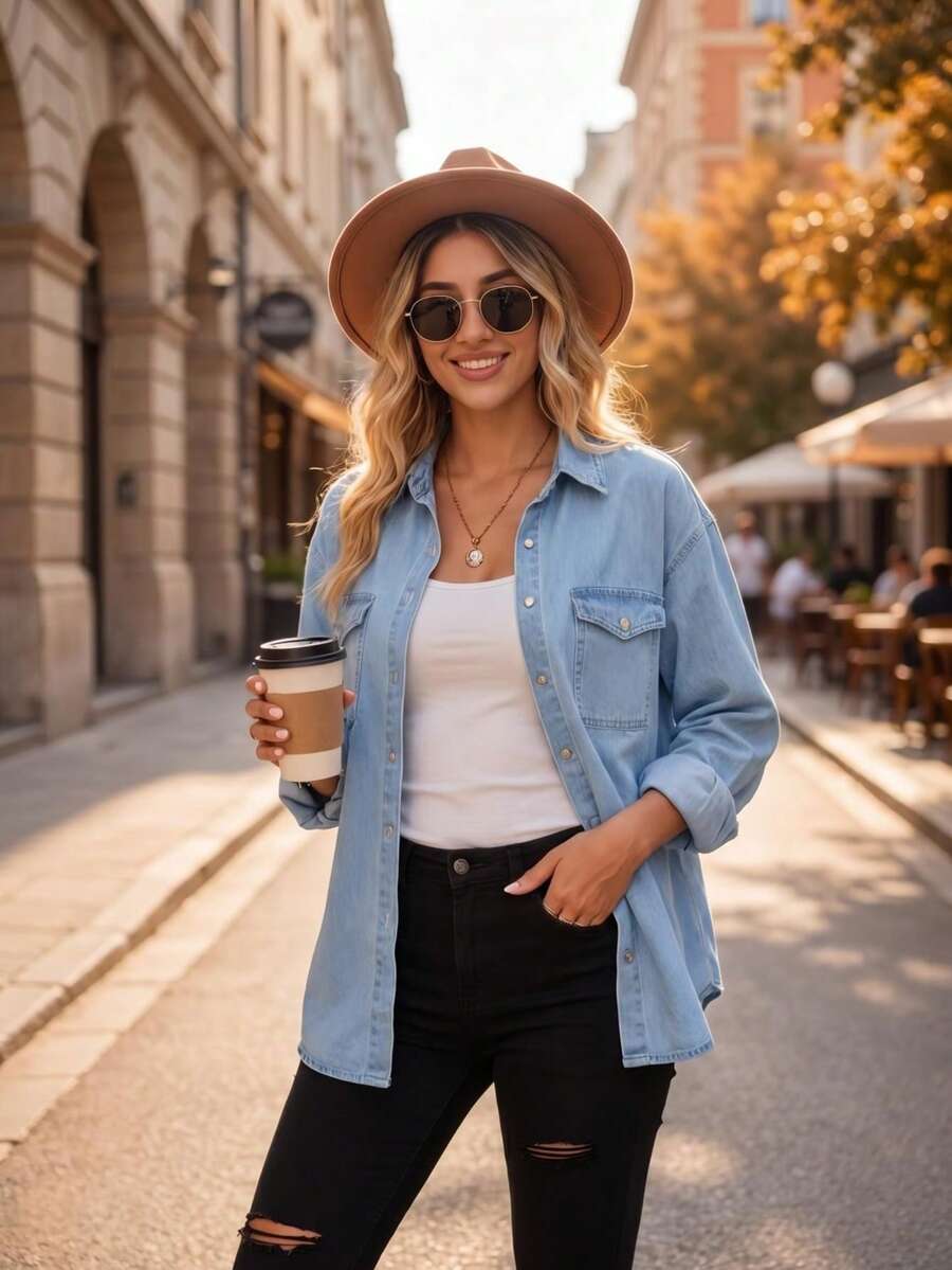 Women's Oversized Denim Shirt, Long & Short Sleeve Classic Pocket Jean Blouse, Casual Back To School Camisas De Mujer Elegantes - Light Blue - View 1