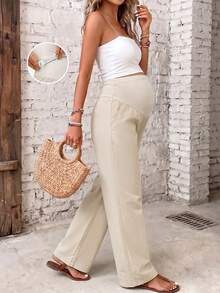 Fashionable Maternity Wide Leg Pants, With Adjustable Drawstring And Pockets, Long Woven Fabric, Comfortable And Stylish For Daily Wear - Khaki - View 6