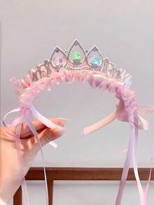 1件女孩公主水鑽皇冠髮箍，幻彩荷花邊蕾絲長緞帶髮飾，生日派對 Cosplay 髮箍 - 彩色 - 查看 5