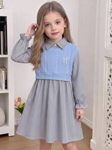Young Girls School Uniform Bow Embroidery Knit Vest + Striped Long Sleeve Collared Shirt Dress 2-Piece Set - Dusty Blue - View 2