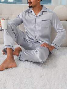 男士奢華緞面對比滾邊長袖睡衣套裝,鈕扣前襟居家休閒套裝 - 灰色 - 查看 7