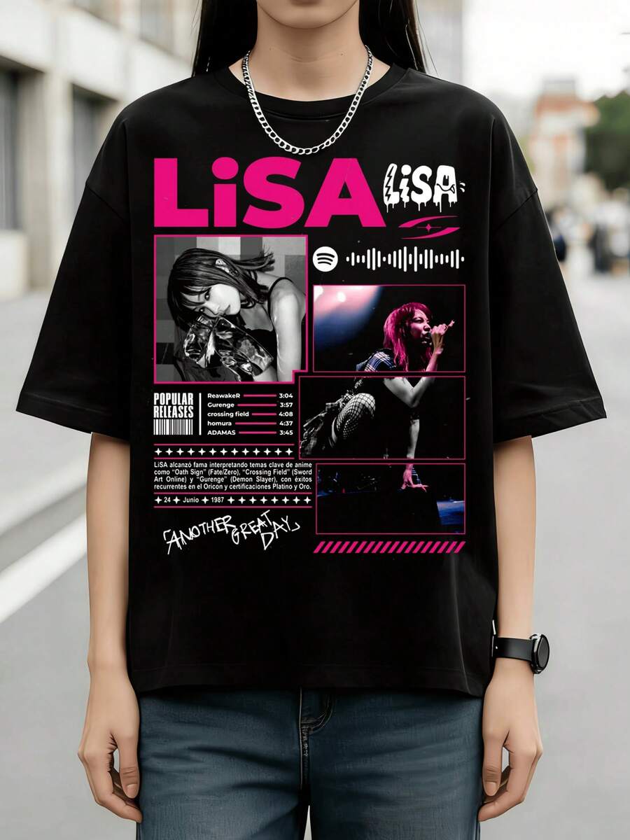 Retro LiSA Anime Singer Album Graphic 100% Cotton Ladies Tee - Black - View 1