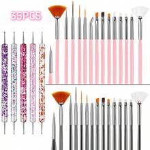 35Pcs All-In-One Nail Art Brush Set, Dotting Pens & Multi-Shape Painting Brushes For Lining, Flat & Fine Tip Brushes Plus Crystal Filled Dotting Tools For Floral Drawing And Nail Ornament Application - Multicolor - View 1
