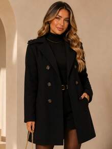 Women's Classic Long Trench Coat With Button Closure - Black - View 2
