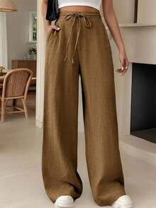 Women's Linen Palazzo Pants, Adjustable Waist With Drawstring, Side Pockets, Casual And Breathable For Vacations - 卡其色 - 查看 4