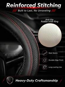 Perforated PU Leather Steering Wheel Cover, Non-Slip Inner Ring, Breathable Laser Cut Grip Protector, Durable Red Stitching, Unisex 14.5-15 Inch Car Interior Accessory, Soft Faux Leather Steering Wheel Cover - A - View 7
