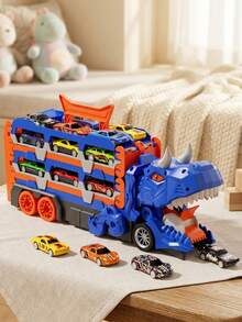 Juego de Pista de Ciudad con Camión Dinosaurio Transformable – 6 Mini Autos en Pista, Función de Tragar/Disparar/Almacenar, Juguete de Entrenamiento Cerebral y Educación Temprana para Niños de 3+ Años, Premio/Regalo Ideal para Cumpleaños/Vacaciones/Regreso a Clases (Juego Familiar e Interacción Padre-Hijo) - Multicolor - Ver 3