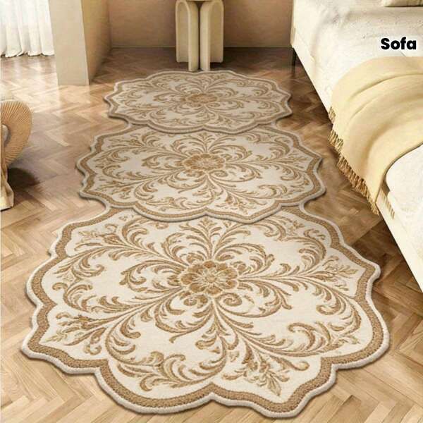 1000g+1pc Faux Cashmere French Luxury Living Room Sofa Rug, Vintage Floral Study Hallway Carpet, Ins Style Bedroom Decor Plush Rug, Asymmetrical Shaped Fluffy Soft Home Bedside Non-Slip Mat