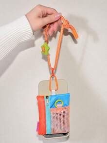 1 Set Dopamine Color-Block Star Adjustable Braided Phone Wrist Strap Coin Purse, Korean Style Patchwork Mesh Tulle Mini Cute Portable Key Coin Storage Zipper Pouch, Multi-Functional Portable Student Bus Card Earphone Lipstick Storage Colorful Small Bag - Multicolor - View 6