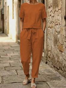 Women's Round Neck Solid Color Casual Long Sleeve T-Shirt And Long Pants 2-Piece Set Summer - Orange - View 3
