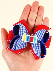 2pcs Blue Red Back To School Hair Bows,Pencil Bow Hair Clips,Elegant Ribbon Plaid Hairpins, Cute Y2k Hair Accessories For Girls Students School Party - Multicolor - View 4