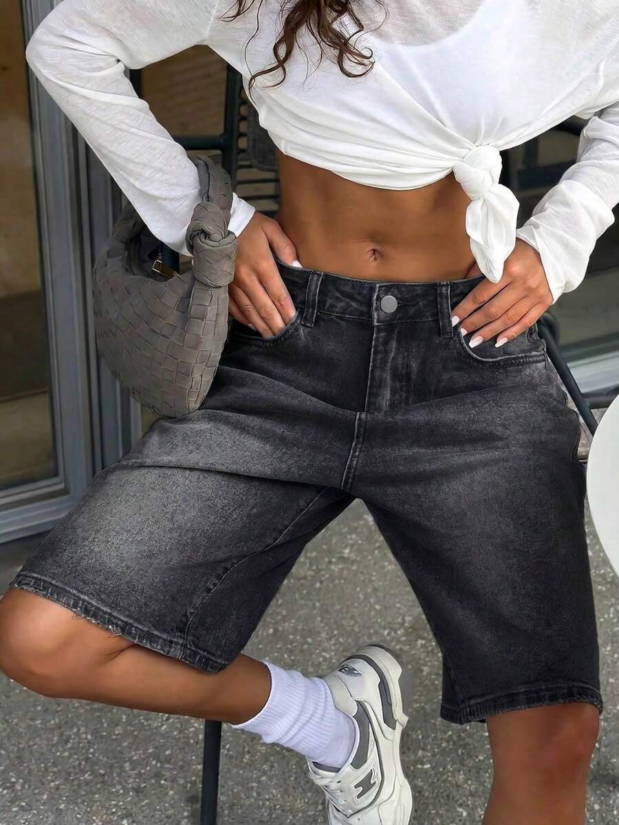 Shorts bermuda en jean Y2K d'été pour femmes, style street cool, délavé, taille mi-haute, coupe ample, poches obliques, jambes larges, décontracté, jorts - Fumée noire - Voir 1