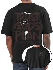 Camiseta de hombre a la moda, de corte holgado y cuello redondo, estampada con las palabras Confía en el Plan de Dios,% poliéster, ligera y transpirable, camiseta casual de verano, un - Negro - Ver 1