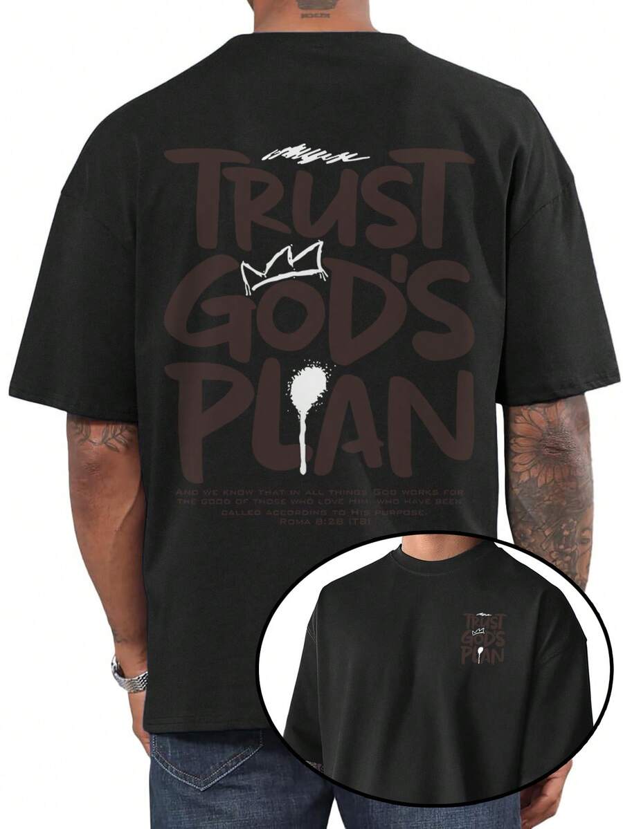 Camiseta de hombre a la moda, de corte holgado y cuello redondo, estampada con las palabras Confía en el Plan de Dios,% poliéster, ligera y transpirable, camiseta casual de verano, un - Negro - Ver 1