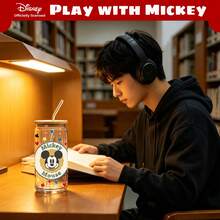 【官方授權】Disney 米奇 16oz 罐狀玻璃杯，附竹製杯蓋與吸管，經典永恆卡通保溫杯，可愛復古冰咖啡飲用杯，適合兒童、成人與 Disney 粉絲的禮物 - 彩色 - 查看 6