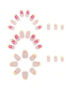 24pcs Short Oval Press-On Nails, French Short Nails, Floral Line Art Design, Glossy Full Coverage, Suitable For Women And Girls, Y2K Style Fake Nails, Gift For Her - Multicolor - View 3