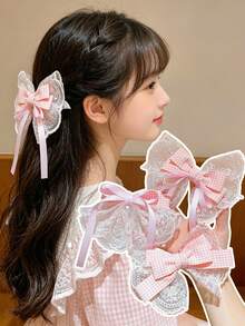 Cute Girls Plaid Lace Bow Hairpin 1pc, Pink Long Ribbon Tassel Hair Barrette Daily Party Sweet Hair Accessory - Multicolor - View 2