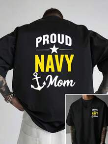 Camiseta de hombre con hombros caídos, Navy Mom, camiseta de hombre de corte holgado con estampado de doble cara, nueva ropa de hombre a la moda, una prenda esencial para hombre con diseño v - Negro - Ver 2