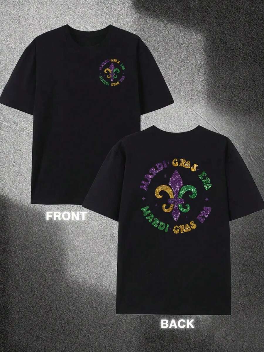 Camiseta de carnaval de doble cara para hombre - Frases/escritos impresos en ambos lados, manga corta, cuello redondo, top casual de verano, lavable aáquina, adecuada para desfiles de carn - Negro - Ver 1