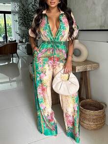 ChicMe Women's Vintage Floral Print Collared Rolled Sleeve Button Front Drawstring Wide Leg Vacation Jumpsuit - Green - View 10