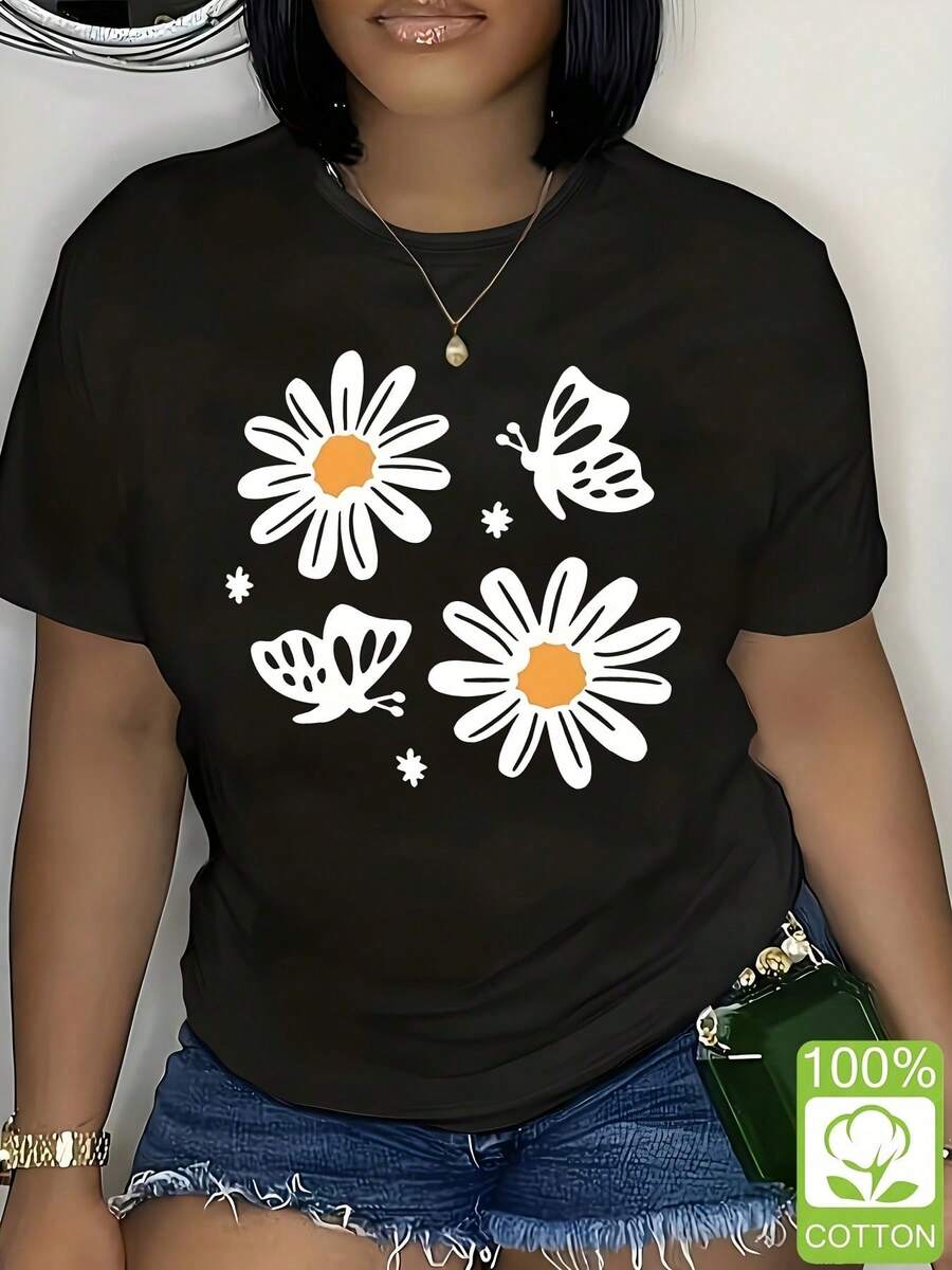 2026 Women's Clothing Women's Casual Sports T-Shirt With Creative Minimalist Wine Glass Print, Round Neck, Short Sleeve, Comfortable Summer Vacation Top - 黑色 - 查看 1